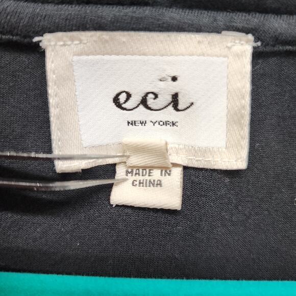 eci NY Ruffled Scoop Neck Rosette Puff Sleeve Tee Size M Black Stretchy Casual - Picture 4 of 7